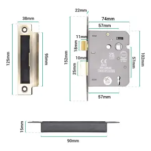 EAI Sashlock 80mm / 57mm Backset ANTIQUE BRASS 3 lever Internal Door 2 Keys CE UKCA & Fire Door Approved Anti Rattle Keep