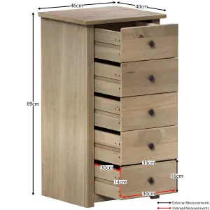 Vida Designs Panama 5 Drawer Narrow Chest Solid Pine (H)890mm (W)460mm (D)400mm