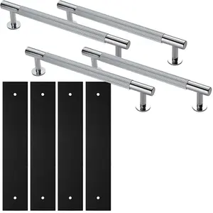 4 PACK - Pull Handle & Contrasting Backplate Set - Reeded Lined T Bar - Polished Chrome & Black