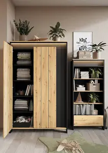 SPOT Chic Hinged Wardrobe with LED Lighting (H)1940mm (W)1230mm (D)550mm - Oak Artisan and Black Matt