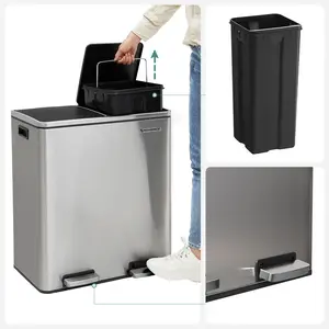 Steel Step On Multi-Compartment Rubbish & Recycling Bin Silver / 60L