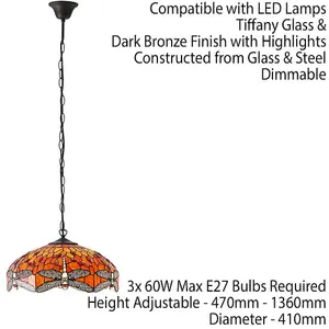 Tiffany Glass Hanging Ceiling Pendant Light Orange Dragonfly 3 Lamp Shade i00112