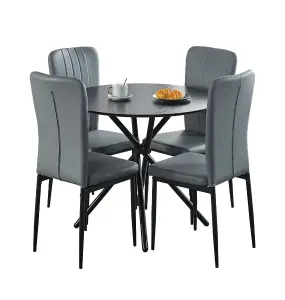 Hallowood Furniture Cullompton Small Black Round Dining Table 90cm with 4 Light Grey Faux Leather Chairs