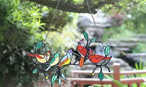 Set of Four Stained Glass Effect Birds Hanging Garden Decorations