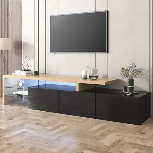 Modern TV cabinet, Stylish and Elegant, Practical Storage, High-gloss Black, Wooden Look, Glass Shelves, LED lighting