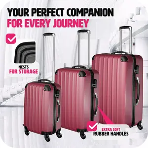 Suitcase Set - 3 hard-shell suitcases with telescopic handle, swivel wheels - red