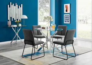 Furniturebox UK Novara Chrome Metal Round Glass Dining Table And 4 Dark Grey Halle Chairs