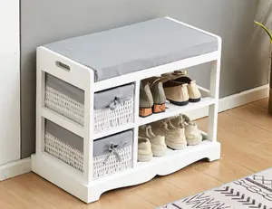 Home Source Norton White Shoe Storage Bench with Lined Baskets and Grey Padded Cushioned Seat