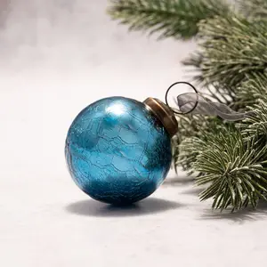 Crackle Glass Bauble (Set of 3) Teal / 5cm H x 5cm W x 5cm D