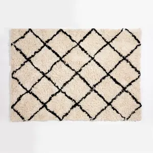 Braemar Argyle 100% Cotton Cream Base Black Cross Shaggy Floor Rug 170 x 120cm