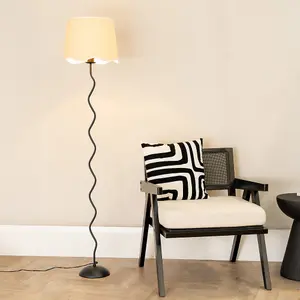 ValueLights Wiggle Black Metal Single Stem Floor Lamp with Linen Scallop White Trim Tapered Shade