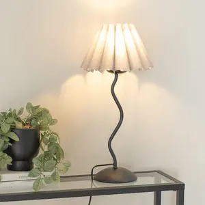 ValueLights Wiggle Black Metal Single Stem Table Lamp with Grey Scallop Tapered Lamp Shade and LED Bulb