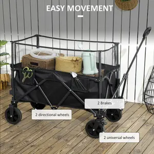 Outsunny 180L Folding Garden Trolley Wagon Cart w/ Extendable Side Walls, Black