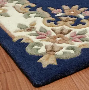 Handmade Bordered Easy to Clean Royal Blue Traditional Floral Wool Rug for Living Room & Bedroom-160cm X 235cm