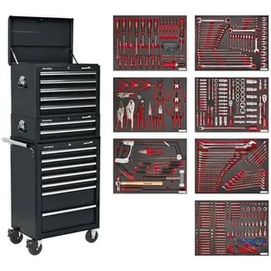 14 Drawer Tool Chest and Rollcab Bundle with 446 Piece Premium Tool Kit in Black