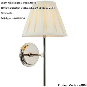 Indoor Bright Nickel Plate Wall Light - Cream Fabric Shade - Dimmable 6W LED E14