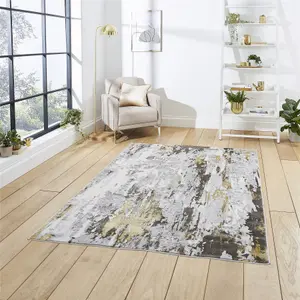 Grey Gold Abstract Modern Easy To Clean Abstract Rug For Dining Room-120cm X 170cm