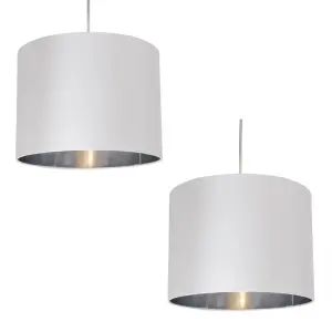 First Choice Lighting Pair of White Faux Silk 30cm Drum Light Shade with Chrome Inners