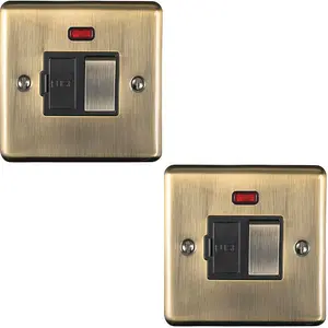 2 PACK 13A DP Switched Fuse Spur & Neon Light ANTIQUE BRASS & Black Isolation