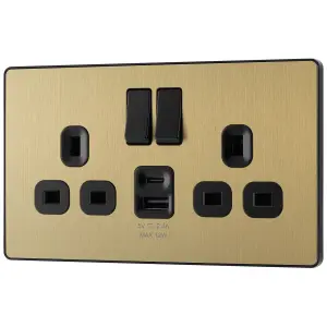 BG Satin Brass Double 13A 12W Raised slim Switched Screwless Socket with USB, x2 & Black inserts