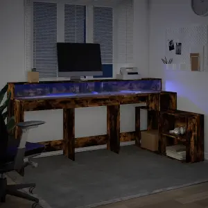 Berkfield Desk with LED Lights Smoked Oak 200x104x91 cm Engineered Wood