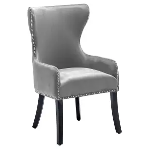 Grey Velvet Dining Chair Studded Design Accent Chair Kitchen Chair with Wooden Legs