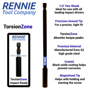 Rennie Tools 6 Piece PZ2 Impact Screwdriver Bits Set With Impact Bit Holders. 2 off PZ2 x 25mm 2 off PZ2 x 50mm + 50/150mm Holder