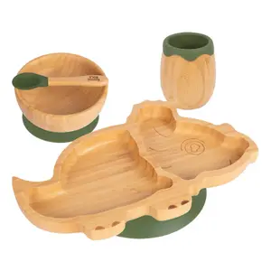 Tiny Dining 4pc Dinosaur Bamboo Suction Baby Feeding Set - Olive Green