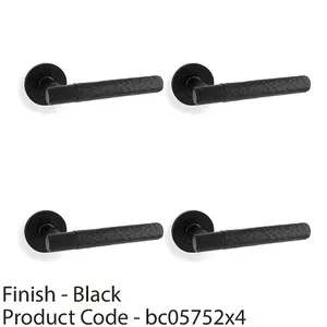 4 PACK - SOLID BRASS Hammered Door Handle Set - Matt Black Straight Lever on Round Rose