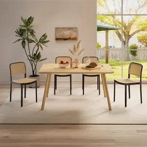 VonHaus Dining Chairs Set of 4, Black & Natural Rattan Effect Kitchen Chairs, Compact & Stackable Plastic Chairs for Dining Room