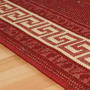 Traditional Easy to Clean Flatweave Bordered Red Anti Slip Rug for Dining Room -60cm X 110cm