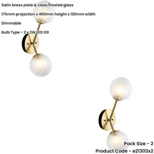 2 PACK Satin Brass Dimmable Wall Light - 2x Dome Ribbed Glass Shade -  2x 3W LED G9