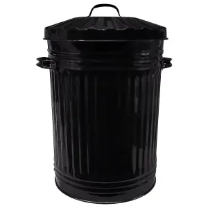 Black Metal Bin Retro Galvanised Dustbin Vintage Style Steel Bin - 45L