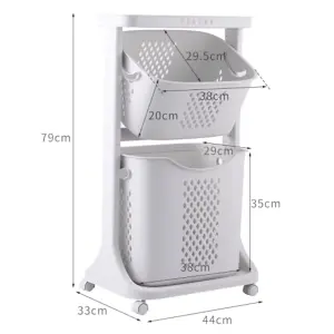 2 Tier Plastic Laundry Basket Hamper Bathroom Laundry Sorter Storage Bin Cart Clothes Organizer