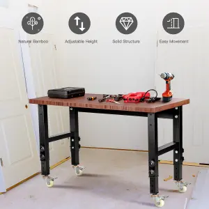 Costway 120cm Adjustable Workbench Heavy-duty Workstation W/ Bamboo Top & Lockable Casters