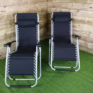 Pair of Multi Position Garden Gravity Relaxer Chair / Sun Lounger - BLACK/SILVER