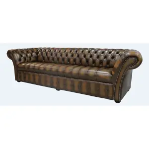 Chesterfield 4 Seater Antique Tan Leather Buttoned Seat Sofa In Balmoral Style