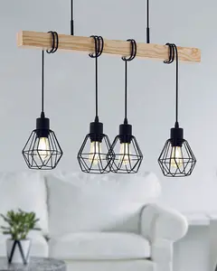 Hanging Ceiling Pendant Light Black Cage & Wood 4x E27 Kitchen Island Lamp