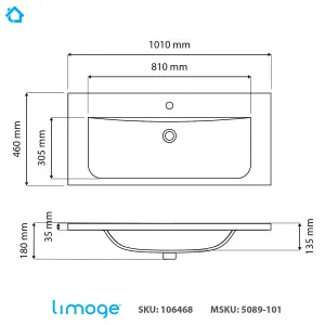 5089 Ceramic 100cm x 45cm Thin-Edge Inset Basin with Dipped Bowl