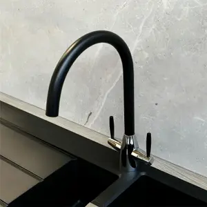 Liquida LC02BL Swan Neck Twin Lever Chrome and Black Kitchen Mixer Tap