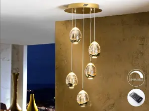 Luminosa Roc Integrated LED 5 Light Dimmable Crystal Cluster Drop Ceiling Pendant with Remote Control Gold