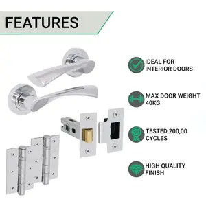 EAI - Polished Door Handles Swept Lever on Rose Latch Kit / Pack - 66mm Latch - 76mm Hinges - Polished Chrome