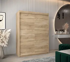 Tokyo Contemporary 2 Sliding Door Wardrobe 5 Shelves 2 Rails Oak Sonoma Effect (H)2000mm (W)1500mm (D)620mm