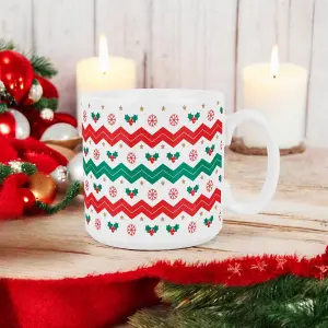 Purely Home Festive Christmas Mug - Holly Leaves & Stripes Xmas Gift -Tea/Coffee Ceramic Cup