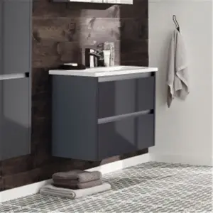 Bathroom 2-Drawer Wall Hung Vanity Unit with Basin 600mm Wide - Storm Grey Gloss - (Urban) - Brassware Not Included