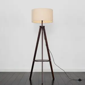 Ismay 149 cm Morrigan Wood Tripod Floor Lamp with Shelf & XL Reni Shade Grey / Biege / No