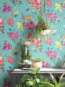 Holden Decor Melgrano Soft Teal Contemporary Floral Smooth Wallpaper