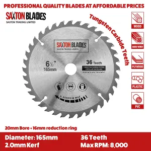 Saxton TCT16536TSK TCT Circular Saw Blade 165mm x 36 teeth x 20mm Bore & 16mm Ring