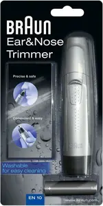 Braun Ear And Nose Hair Trimmer For Men, Precise And Safe Hair Removal, Fully Washable, EN10, Silver