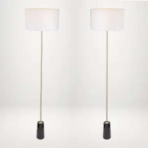 First Choice Lighting Set of 2 Phoenix Black Marble Satin Brass White Floor Lamps